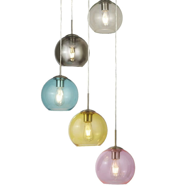 Satin Chrome Colour Dome Globe Glass Modern 5 Lamp Cluster Pendant