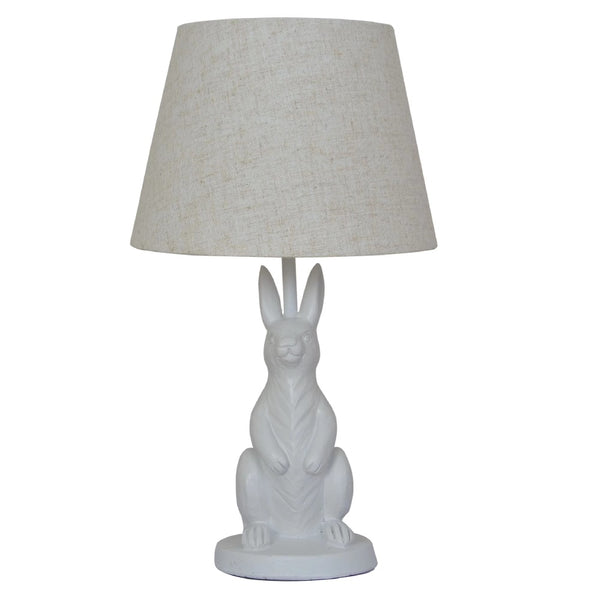 White Resin Sitting Rabbit Table Lamp with Natural Linen Shade 43cm -  HomeLightsDIRECT
