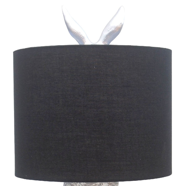 Silver Resin Hiding Hare Table Lamp with Black Drum Shade 46cm
