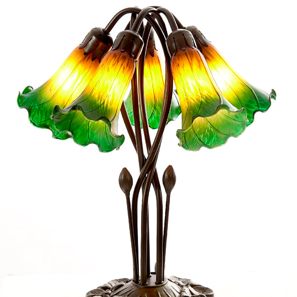 Amber Green Tiffany Glass Vintage Lily 5 Arm Table Lamp 48cm