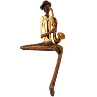 Brown & Yellow Resin Sitting Jazz Saxophonist Musician Sculpture Figurine