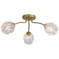 Modern gold 3 light semi flush ceiling light with clear swirl glass shades for living room, bedroom and dining room