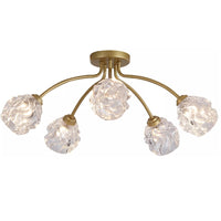 Modern gold 5 light semi flush ceiling light with clear swirl glass shades for living room, bedroom and dining room
