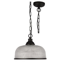 Matt Black & Holophane Glass Vintage Dome Pendant Light 27cm