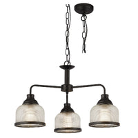 Matt Black & Holophane Glass Vintage Dome 3 Lamp Pendant Light 56cm