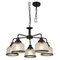 Matt Black & Holophane Glass Vintage Dome 5 Lamp Pendant Light 58cm