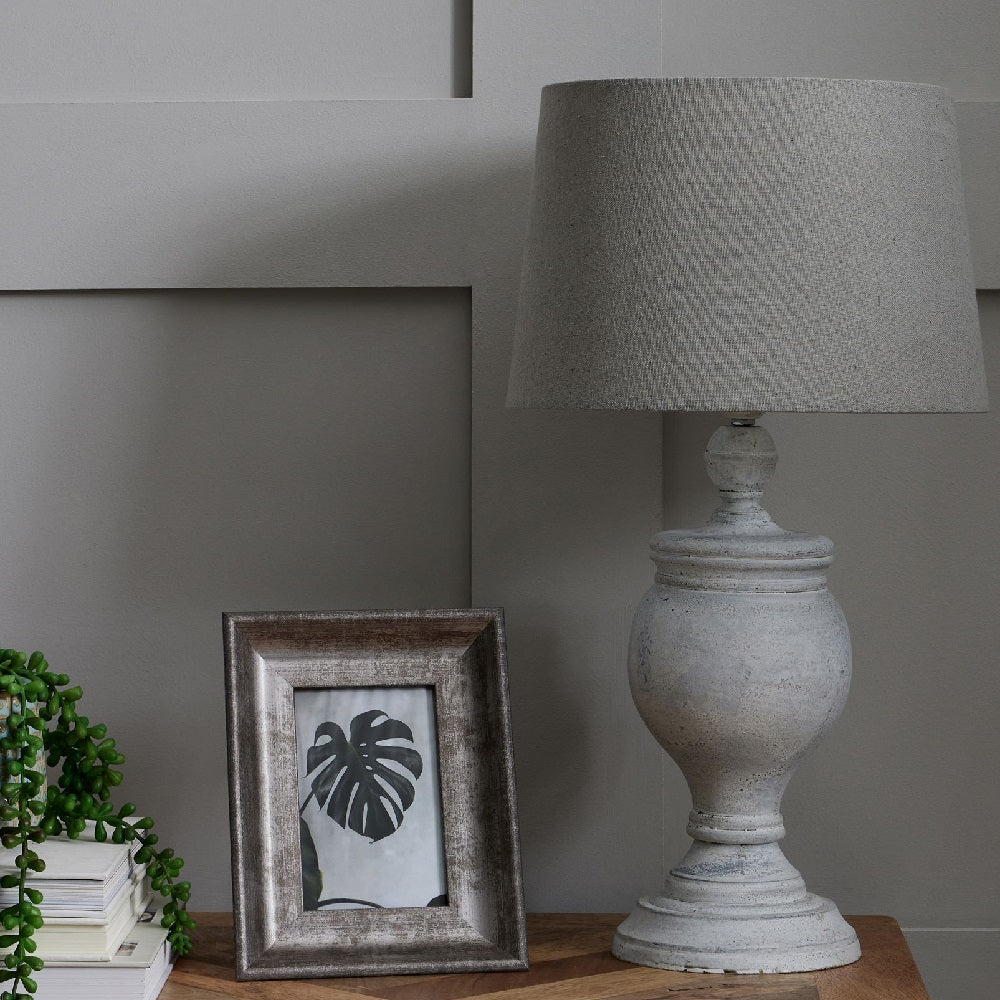 Beige Stone Vintage Rustic Urn Column Table Lamp Grey Linen Shade 53cm ...