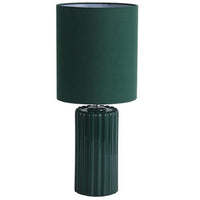 Searchlight 22353GR Forest Green Ribbed Ceramic Vintage Table Lamp with Velvet Drum Shade - 51cm Height