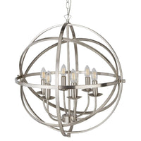 Satin Chrome Metal Banded Sphere Vintage 6 Lamp Pendant Light 60cm