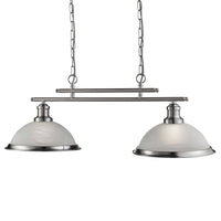 Satin Chrome & Alabaster Glass Vintage Dome 2 Lamp Bar Pendant 76cm