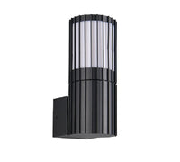 Modern black outdoor wall lamp with cylindrical slatted design and frosted diffuser