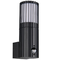 Trio 269469142 Black Cylindrical Modern Outdoor Wall Lamp with Frosted Diffuser and PIR Sensor IP54 - 23.5cm