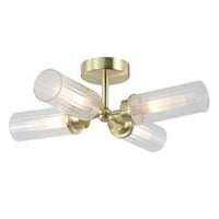 Searchlight 29984SB Satin Brass &amp; Ribbed Glass Bathroom Vintage 3 Lamp Ceiling Light - 39cm Diameter