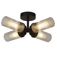 Searchlight 29984BK Matt Black &amp; Ribbed Glass Bathroom Vintage 3 Lamp Ceiling Light - 39cm Diameter