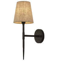 Matt Black Hammered Vintage Wall Light with Natural Linen Shade 43cm