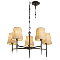 Matt Black Hammered Vintage 5 Lamp Pendant Light with Natural Linen Shades 66cm