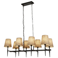 Matt Black Hammered Vintage 8 Lamp Bar Pendant with Natural Linen Shades 91cm