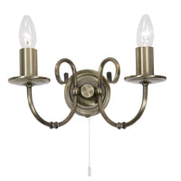 Antique Brass Twin Lamp Vintage Traditional Wall Light with Pull Switch - 300mm
