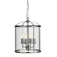 Polished Chrome & Glass Panel 4 Lamp Vintage Lantern Pendant Ceiling Light