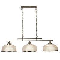 Antique Brass & Holophane Glass Vintage Dome 3 Lamp Bar Pendant 99cm