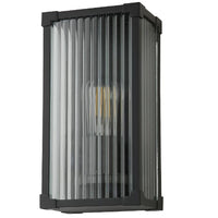 Modern black outdoor wall light with ribbed glass shade