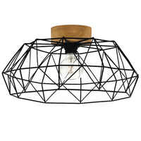 Matt Black & Real Wood Vintage Metal Bird Cage Dome Flush Ceiling Light 