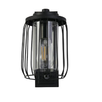 Searchlight 44610BK Matt Black and Clear Glass Vintage Cage Down Lantern Wall Light with PIR