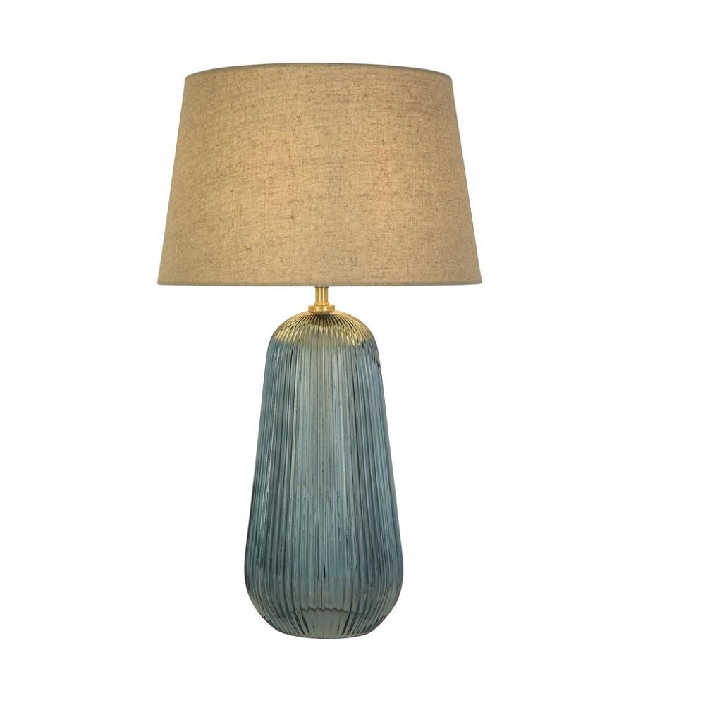Blue Ribbed Glass Modern Table Lamp With Natural Linen Shade 530mm ...