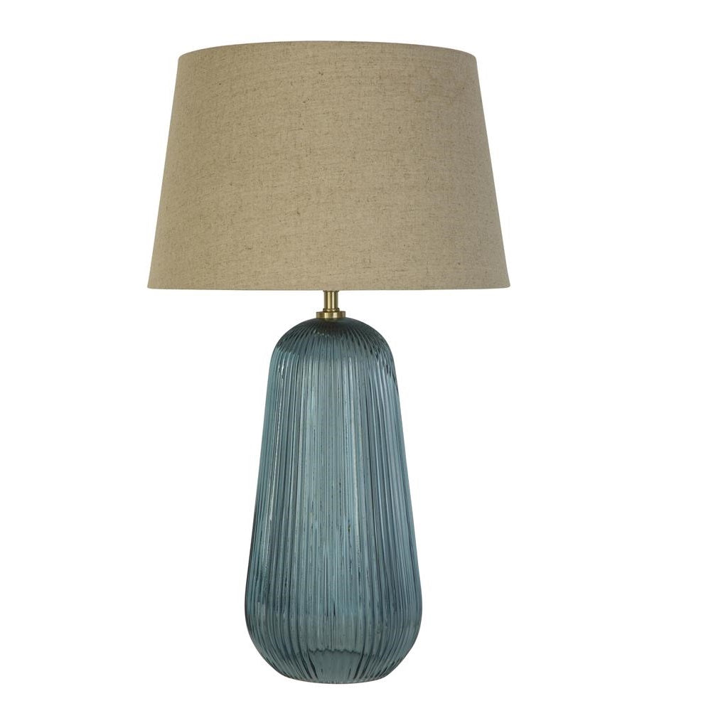 Blue Ribbed Glass Modern Table Lamp With Natural Linen Shade 530mm ...