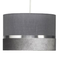 Grey Velvet & Fabric Drum Pendant Shade with Gold Metallic Band 30cm