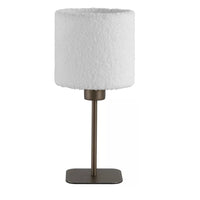 Modern bronze metal table lamp with white bouclé fabric drum shade for bedroom, bedside and living room lighting