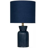 Searchlight 62922BL Navy Blue Ribbed Ceramic Vintage Table Lamp with Navy Velvet Drum Shade - 38cm Height
