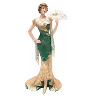 Widdop 63219 Green and Gold Resin Ceramic Art Deco Lady Holding Fan Figurine - 32cm Height