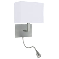 Satin Chrome & LED Reading Flexi Arm Modern Wall Light with White Rectangle Shade 26cm