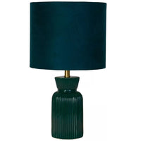 Searchlight 66033EM Emerald Green Ribbed Ceramic Vintage Table Lamp with Velvet Drum Shade - 38cm Height