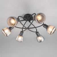 Modern 6 lamp ceiling light in black and smoked glass