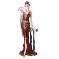 Red and Gold Resin Art Deco Lady Holding Fan Figurine 32cm