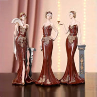 Red and Gold Resin Art Deco Lady Holding Fan Figurine 32cm