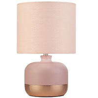 Soft Pink Ceramic &amp; Copper Band Base Vintage Table Lamp with Cotton Shade - 27cm Height