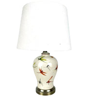 Minster 7471 White and Antique Brass Dragonfly Print Ceramic Urn Table Lamp with White Drum Shade