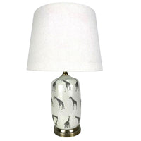 Minster 7477 White and Antique Brass Giraffe Print Ceramic Urn Table Lamp with White Drum Linen Shade