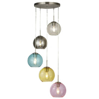 Satin Chrome & Multicolour Dome Globe Glass Modern 5 Lamp Cluster Pendant 50cm