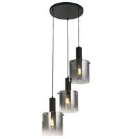 Matt Black & Smoked Ombre Glass Cylinder Vintage 3 Lamp Cluster Pendant 42cm