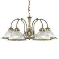 Antique Brass & Clear Ribbed Glass Vintage Dome 5 Lamp Pendant Light 62cm