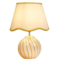 Yellow and White Stripe Glass Vintage Table lamp with White Scalloped Shade 32cm