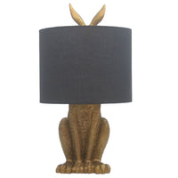 Gold Resin Hiding Hare Table Lamp with Black Drum Lampshade 410mm