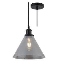 Matt Black & Smoked Pyramid Glass Vintage Pendant Ceiling Light - 25cm Diameter