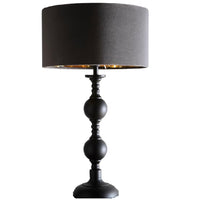 K Living Black Metal Modern Candlestick Table Lamp with Grey Velvet Drum Shade with Gold Inner