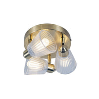 Satin Brass & Ribbed Glass Vintage 3 Lamp Bathroom Ceiling Light