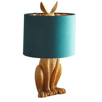 K Living LRABBITGOLD/TL Gold Resin Hiding Hare Table Lamp with Green Velvet Drum Shade - 49cm Height